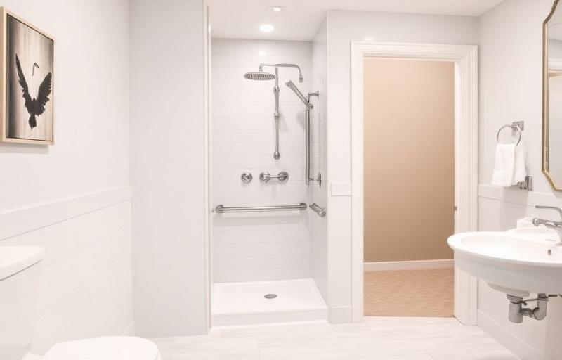 Modern accessible bathroom with curbless shower and grab bars