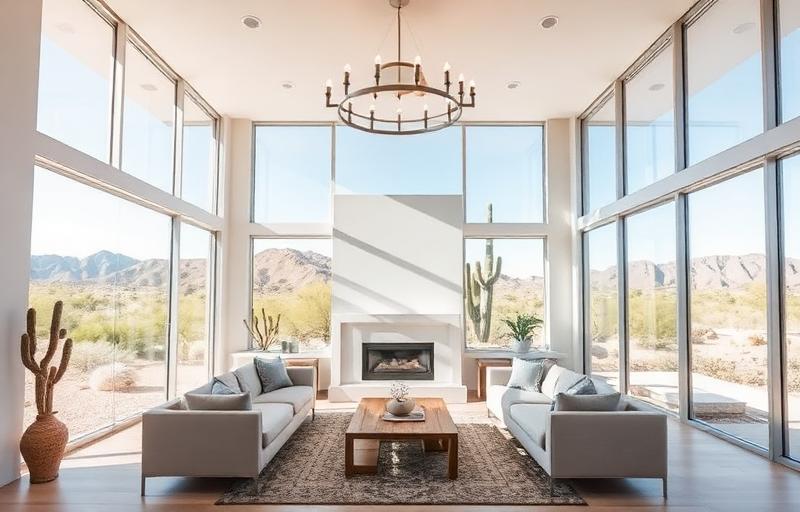 Modern living room with overhead light fixture in Arizona desert home