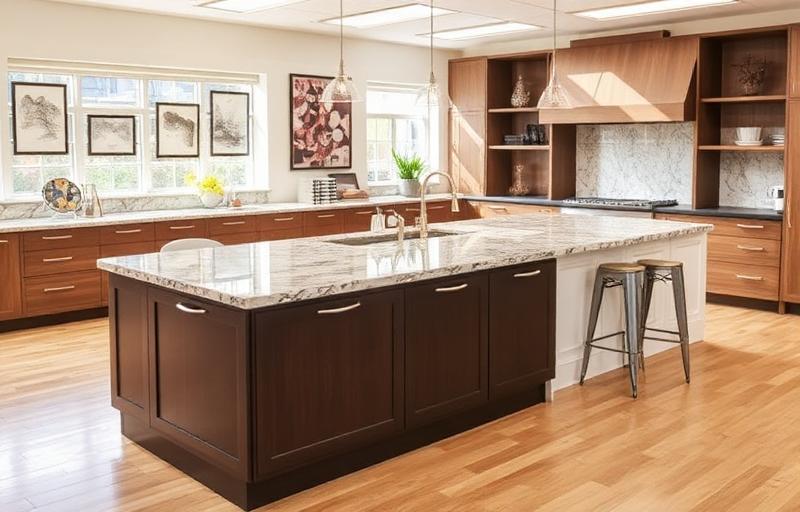 Granite and quartz countertop samples in a Mesa kitchen showroom