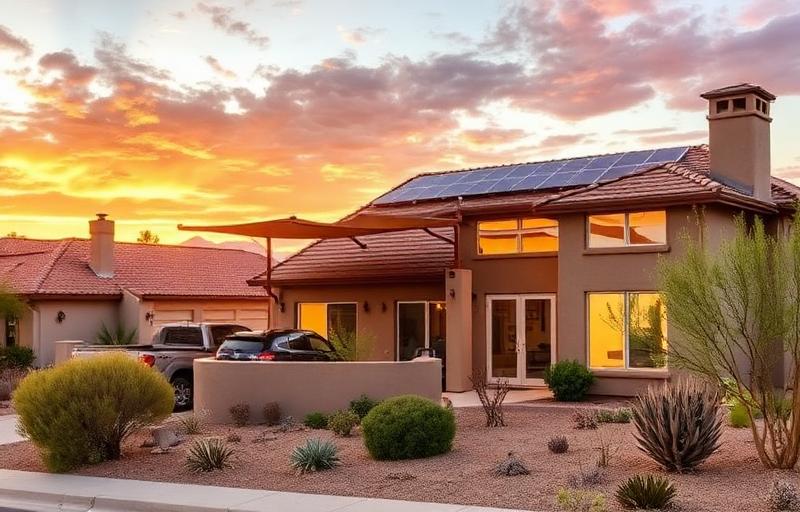Energy efficient Arizona home with solar panels and shade structures