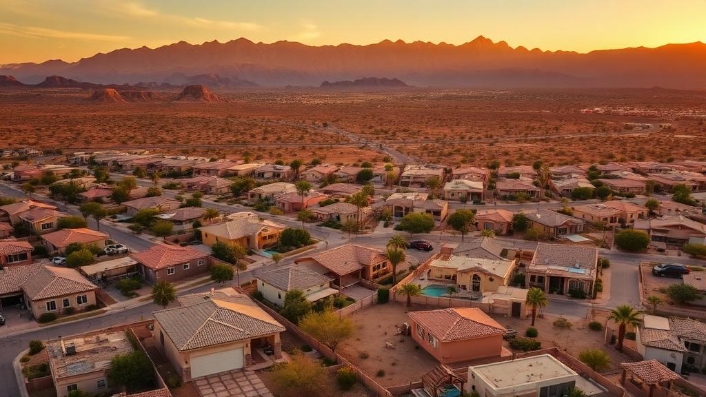 Aerial view of Mesa Arizona residential neighborhoods at sunset