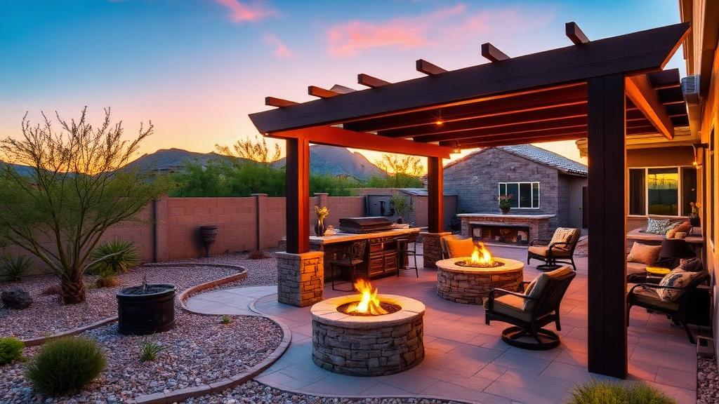 Beautiful Arizona backyard with pergola, fire pit, and outdoor kitchen at sunset
