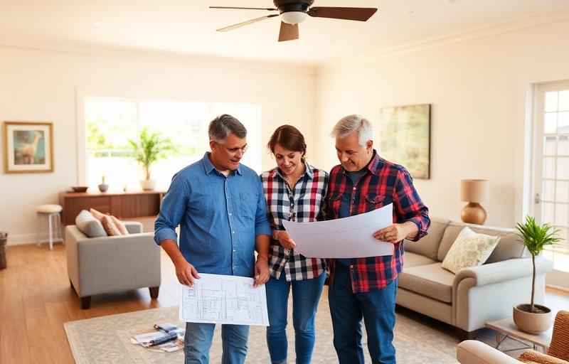 Homeowners reviewing room addition plans with contractor in Mesa AZ