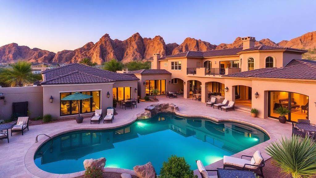 Luxury Scottsdale Arizona home with pool and mountain views at dusk