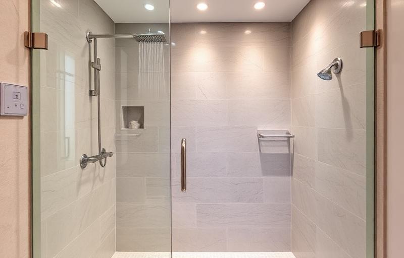 Luxury walk-in shower with large format tile and rain showerhead